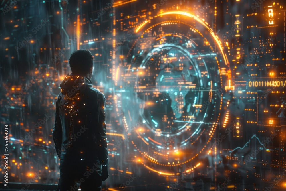 A man stands in front of a futuristic city, looking towards the advanced skyscrapers and technologies that dominate the skyline. A man stands in front of a futuristic city, looking towards the advanced skyscrapers and technologies that dominate the skyline.
