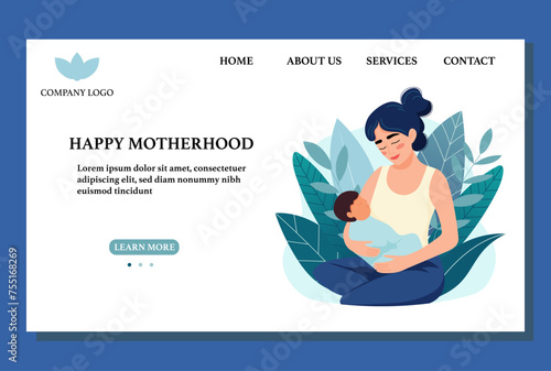 Young woman holding baby. Concept of happy motherhood. Flat modern landing page, maternal and perinatal health