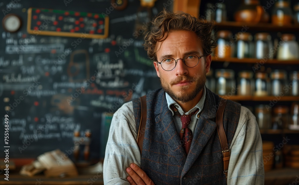 A man with glasses and facial hair, wearing a vest and a tie, is standing in front of a blackboard. He looks formal and gestures while talking about vision care at an event - obrazy, fototapety, plakaty 