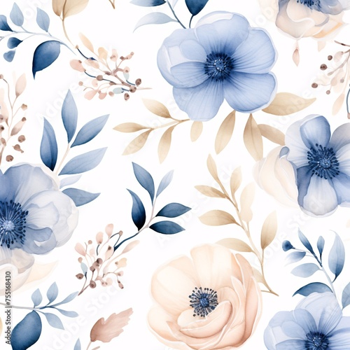 A seamless pattern with watercolor blue flowers