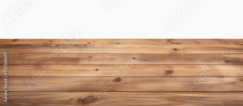 A brown wooden table top sits empty against a clean white background. The tabletop is isolated, providing a perfect space for product placement or display.