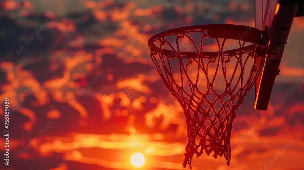 Basketball net made of rope, attached to a hoop against a sunset background, symbolizing game and competition.