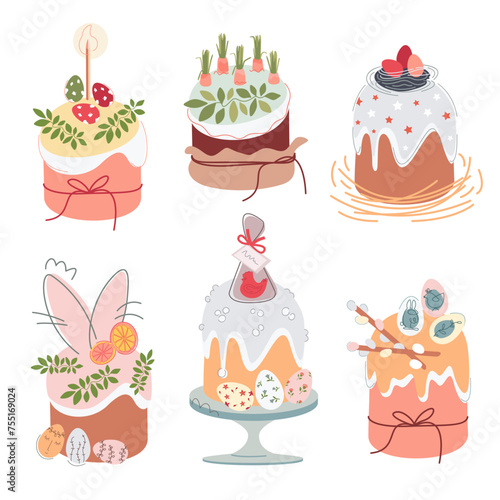 Happy Easter clip art. Set of retro Easter cartoon cakes and design elements. Easter Kulich. Easter bread isolated on white background. Vector flat illustration.