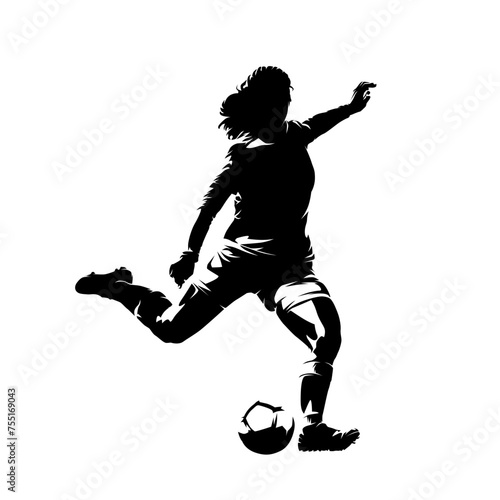 Female soccer player kicking ball, soccer, isolated vector silhouette