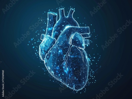 The heart is intricately modeled in shades of blue, symbolizing its vitality and importance in the human anatomy. This image combines healthcare and medical concepts. AI photo