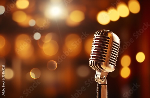 A vintage microphone on stage with blurred lights in the background