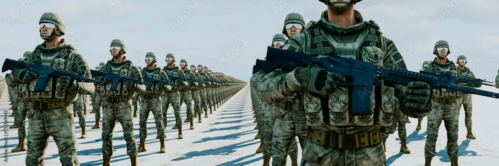 Infinite Line of Soldiers in Digital Camouflage Standing in Formation on Striped Ground Infinite Line of Soldiers in Digital Camouflage Standing in Formation on Striped Ground