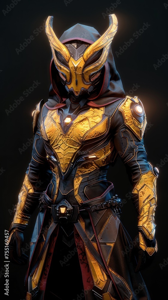 Mystic Warrior in Golden Armor Illuminated in Darkness