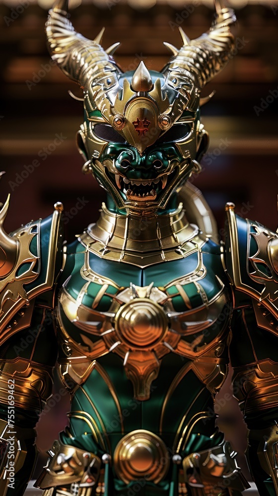 Fototapeta premium Majestic Warrior: A Detailed Sculpture of an Armored Samurai in Golden Green Armor