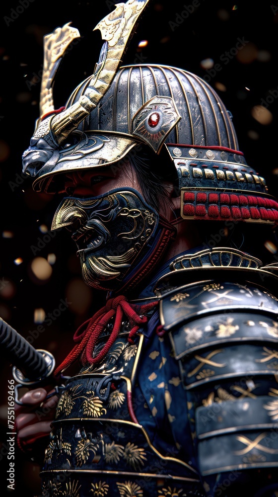 Fototapeta premium Mystical Warrior: A Detailed Portrait of an Ornate Samurai Mask