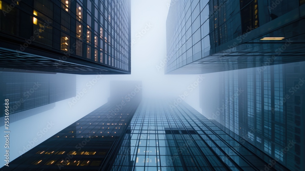 Gazing into the fog, a line of towering skyscrapers emerges. The glass-clad buildings create a parallel and symmetrical ensemble in the bustling metropolitan area. AIG41