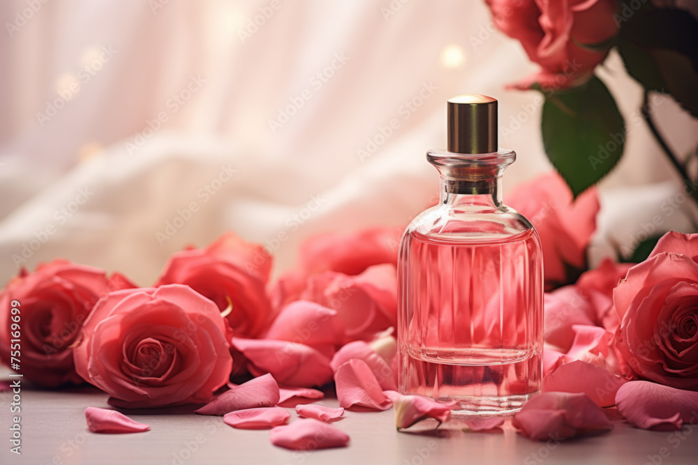 Bottle of cosmetic essential oil. Rose flower, aromatherapy Bottle of cosmetic essential oil. Rose flower, aromatherapy