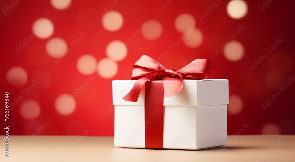 a white gift box with a red ribbon above the top a white gift box with a red ribbon above the top