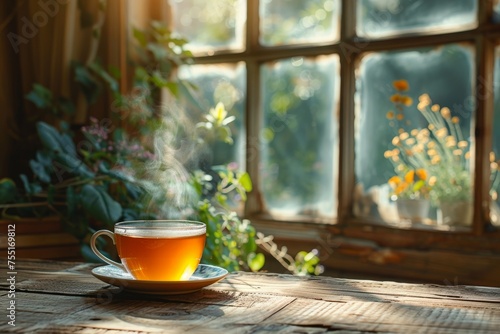 Warm tea cup on rustic wood in sun-drenched plant room