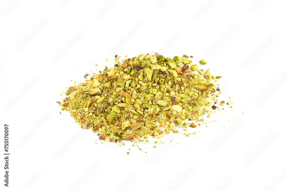 Ground, milled, crushed or granulated pistachio pile isolated on white background Ground, milled, crushed or granulated pistachio pile isolated on white background