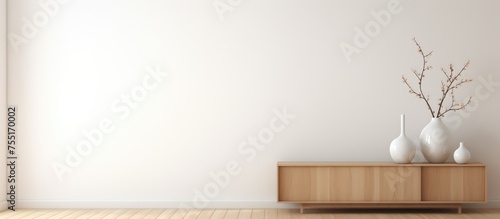 A white room featuring three white vases neatly arranged on a shelf. The minimalistic decor and wooden floor create a clean and contemporary ambiance.