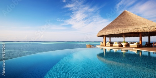 a broad view of an infinity pool with a thatched roof