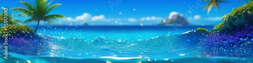 Abstract colorful illustration of splashing waves on tropical landscape background, background for social media banner design, website, place for text