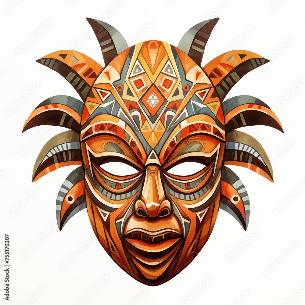 Naklejka premium African ceremonial mask. Ancient african mask clipart. Watercolor illustration. Generative AI. Detailed illustration.
