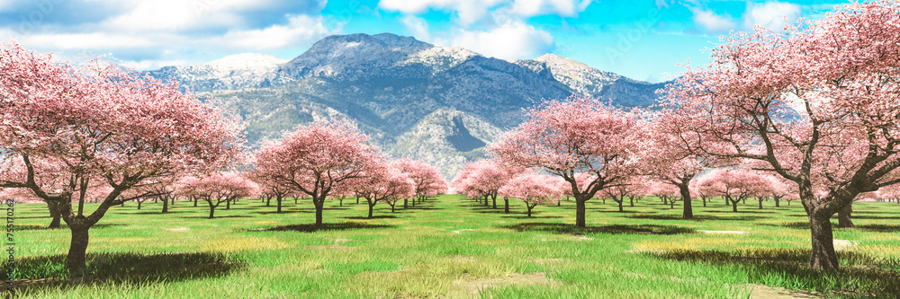 Breathtaking Cherry Blossoms with Majestic Mountain Backdrop Breathtaking Cherry Blossoms with Majestic Mountain Backdrop