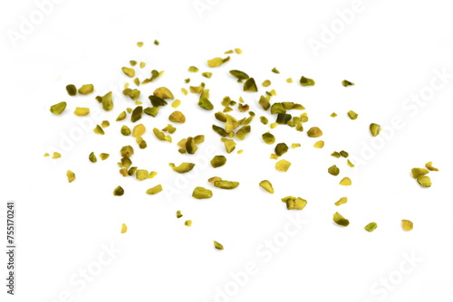 Ground, milled, crushed or granulated pistachio pile isolated on white background