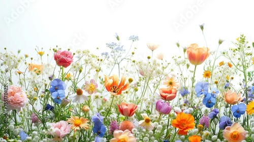 Capturing the essence of spring: chamomile, campanula, tulips, iris, roses, fluttering gracefully under bright light against a pristine white surface © Jam