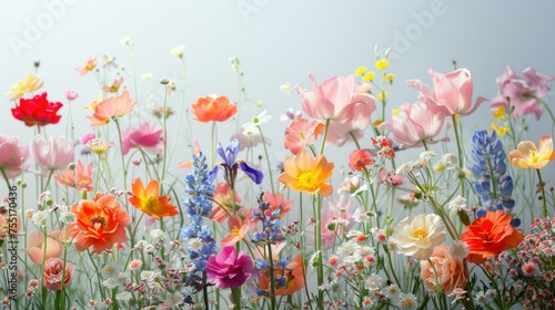 Spring flowers flutter in the wind, including chamomile, campanula, tulips, iris, roses, bright light, white background