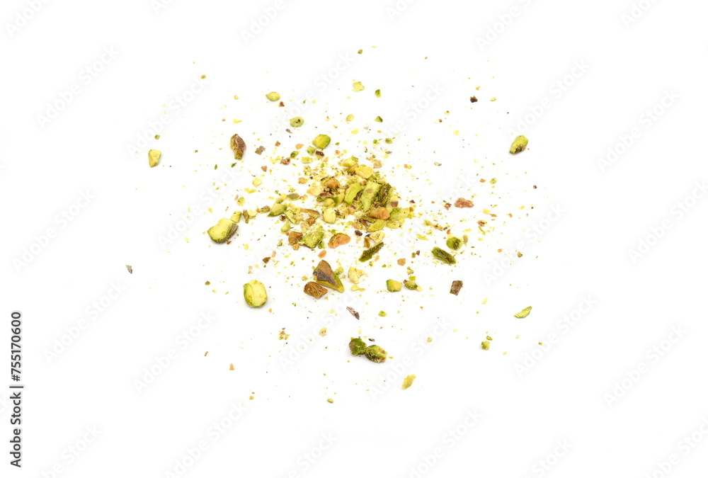 Ground, milled, crushed or granulated pistachio pile isolated on white background Ground, milled, crushed or granulated pistachio pile isolated on white background