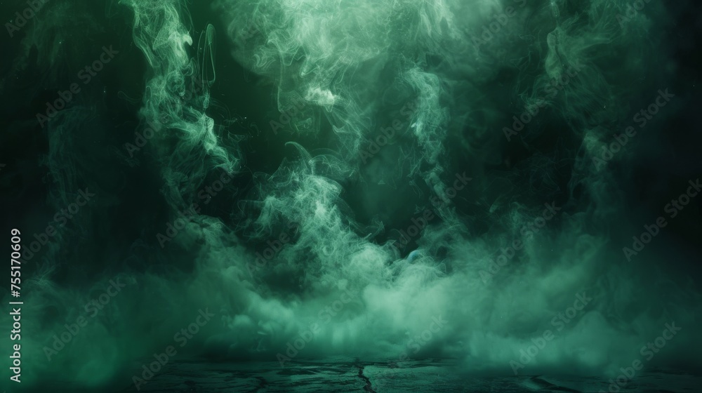 Cascading, emerald green smoke flowing against a shadowy, enchanted background with mystical ground lighting.