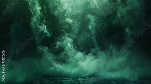 Cascading, emerald green smoke flowing against a shadowy, enchanted background with mystical ground lighting.