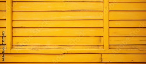 A closeup of a wooden wall with shutters painted in a warm amber yellow hue. The brown wood grain adds texture and depth to the rectangular pattern