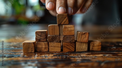 business development and growth success process concept, Businessman building a pyramid of wooden cubes on the table. Business concept, generative AI