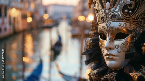 Close-up of a beautifully crafted Venetian mask against a blurred background of the Venice canals, highlighting intricate details and craftsmanship