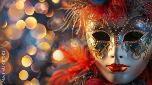 Close-up of a handmade Venetian mask decorated with feathers and jewels, against a blurred festive background.
