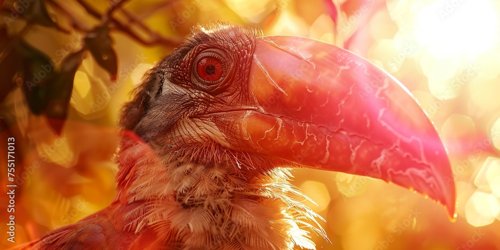 Obraz premium A great hornbill displays its beak in photorealistic detail against a sky pinked by the setting sun. Close-up of a great hornbill under the magical touch of the twilight sun in tonal reproduction.