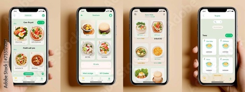 A person is holding four cell phones, each displaying a menu of food items