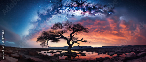 A stunning vision of the cosmos, showcasing a lone tree against a vibrant night sky peppered with stars and nebula clouds