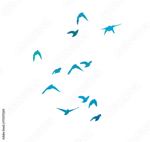 A flock of blue watercolor flying birds. hand drawing. Not AI  Free birds abstraction. Vector illustration