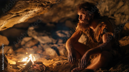 Obraz na plátně Bearded neanderthal man sits by fire in cave at night, caveman and bonfire on dark background