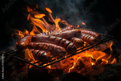 Sizzling Sausage bbq fire. Cooking pork. Generate ai