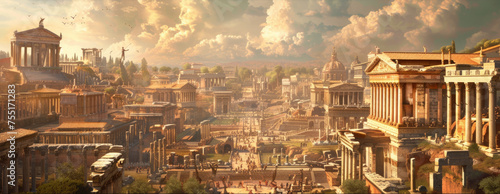 Fiction panoramic view of Ancient Rome in past, landscape of city in summer. Scenery of old buildings and sky. Concept of Roman Empire, vintage, antique, history, travel, skyline