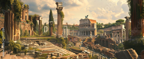 Fiction panoramic view of Ancient Rome in summer, landscape of city. Scenery of old buildings roofs and sky. Concept of Roman Empire, vintage, antique, history, travel, photo