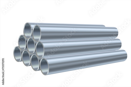 Stack of steel pipes in realistic style. Stainless steel pipe for sewerage, water supply systems, industrial and construction. Vector illustration isolated on white background. Industrial pipelines