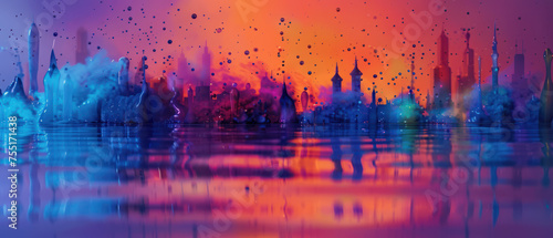 An artistic interpretation of a skyline with a mesmerizing blend of vivid hues and color splashes reflecting on water