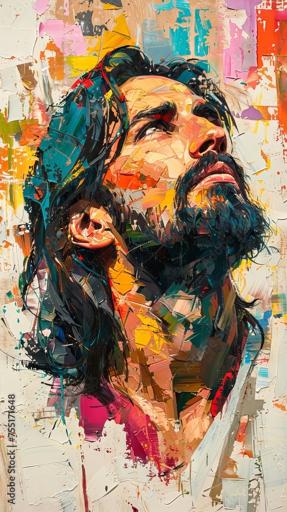 Oil painting of Jesus Christ. Man with long hair and beard. Savior. Concept of faith, spirituality, Easter, divinity, Christian beliefs, resurrection, religious. Artwork. Vertical Oil painting of Jesus Christ. Man with long hair and beard. Savior. Concept of faith, spirituality, Easter, divinity, Christian beliefs, resurrection, religious. Artwork. Vertical