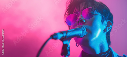 Close up portrait of a korean k-pop singer singing to a microphone and wearing sunglasses, retro pink and blue light background with copy space