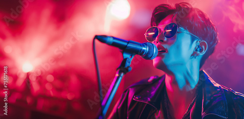 Close up portrait of a korean k-pop singer singing to a microphone and wearing sunglasses, retro pink and blue light background with copy space