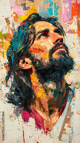 Oil painting of Jesus Christ. Man with long hair and beard. Savior. Concept of faith, spirituality, Easter, divinity, Christian beliefs, resurrection, religious. Artwork. Vertical