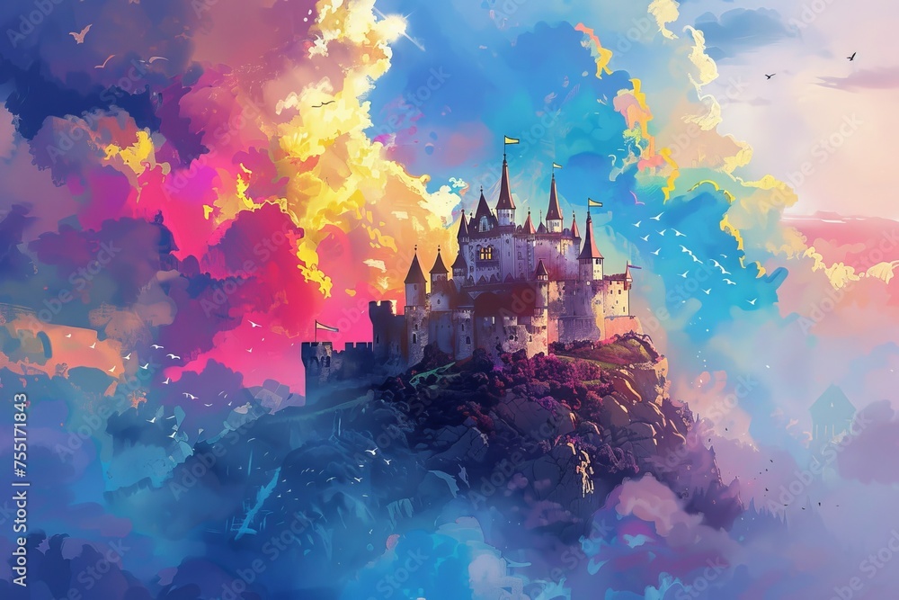 A painting portraying a grand castle situated high in the clouds on a hill. The castle is surrounded by mist and clouds, giving it a magical and mysterious atmosphere - obrazy, fototapety, plakaty 