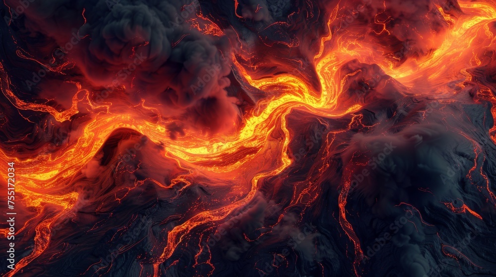 Dynamic background of lava flowing rapidly over volcanic terrain, capturing the motion and energy.
